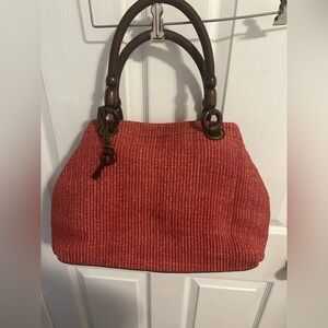 Fossil Red Woven Tote with Brown Handles
